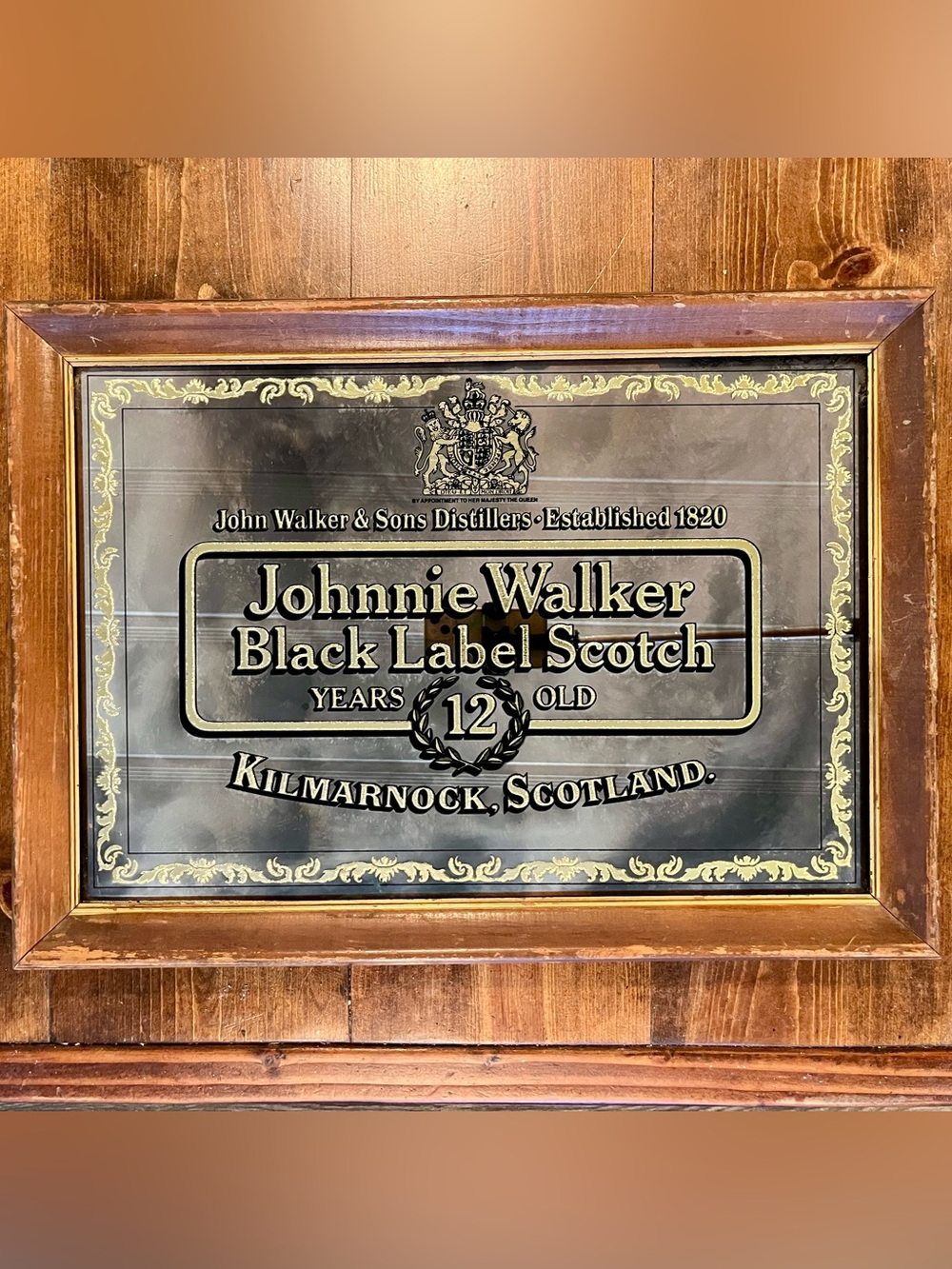 Vintage Johnnie Walker Black Label Scotch Mirror 12 Year Old Kilmarnock Scotland